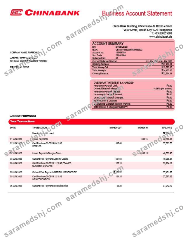 China Banking Corporation company account statement Word and PDF template